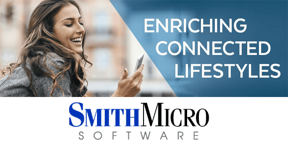 Collage of woman looking at cell phone, text reading "Enriching Connected Lifestyles," and the Smith Micro logo