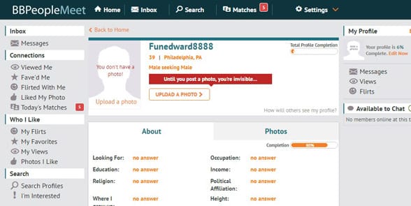 Screenshot of a BBPeopleMeet profile