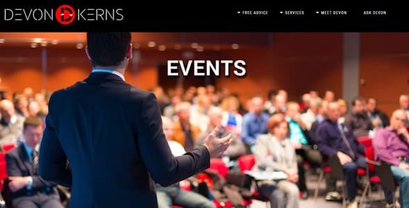 Screenshot of Devon's speaking engagements page Screenshot of Devon's speaking engagements page