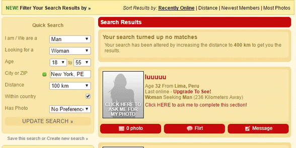 Screenshot of the Lonely Housewives search