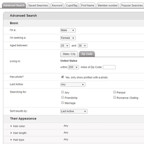 Screenshot of the Military Cupid search feature