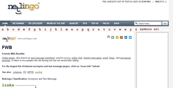 Screenshot of NetLingo's definition of FWB
