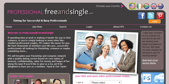 Screenshot of the ProfessionalFreeAndSingle homepage