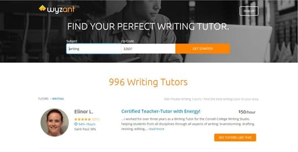 Screenshot of Wyzant's tutor search results