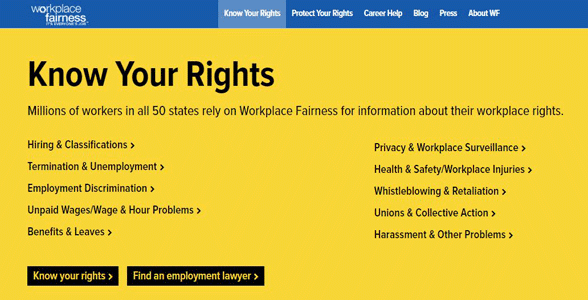Screenshot of Workplace Fairness' Know Your Rights section