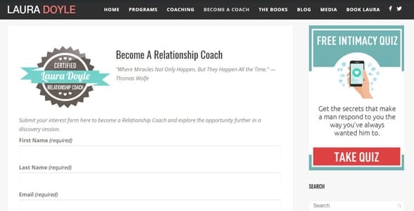 Screenshot of Laura Doyle's relationship coach training page Screenshot of Laura Doyle's relationship coach training page