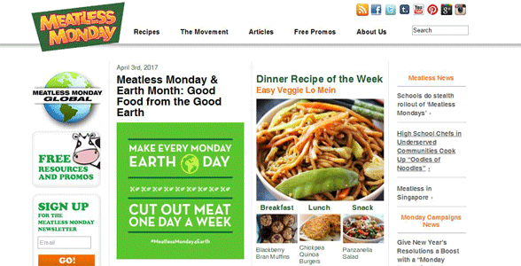 Screenshot of the Meatless Monday homepage