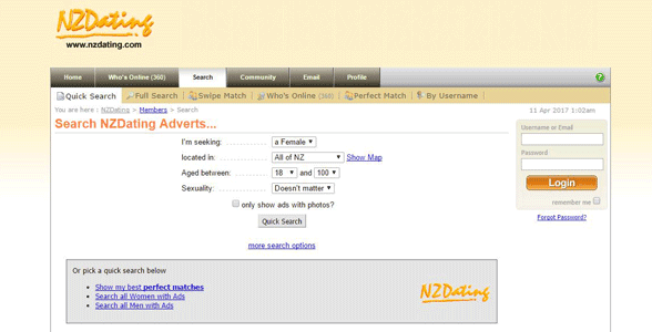 Screenshot of NZDating's search filters
