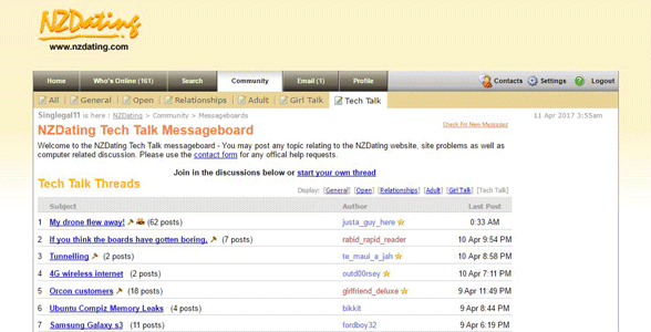 Screenshot of NZDating's message boards