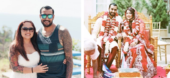 Photo collage of Natalie and her boyfriend near the ocean and a photo of them on their wedding day.