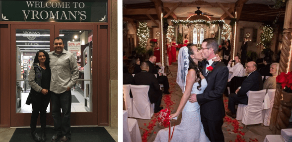 Photo collage of a couple in front of Vroman's and a couple who met at Vroman's getting married