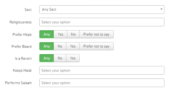 Screenshot of Single Muslim's religion search functionality