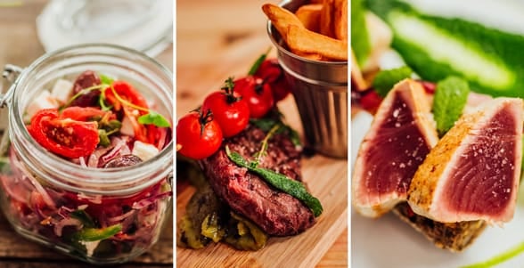 Photo collage of different dishes offered at the OUIBar + KTCHN