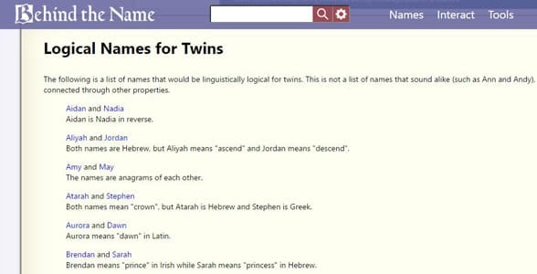 Screenshot of Behind the Name's list of names for twins