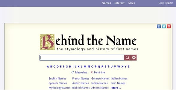 Screenshot of Behind the Name's homepage