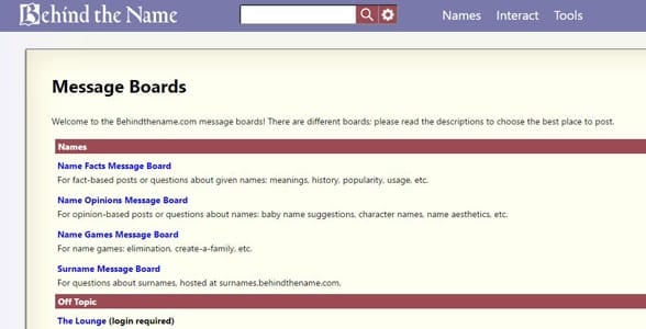 Screenshot of Behind the Name's message boards