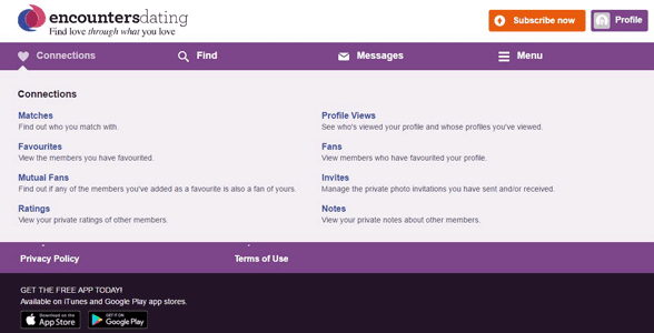 Screenshot of the Encounters Dating Connections page