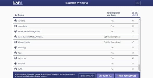 Screenshot of NAI's Consumer Opt-Out Tool