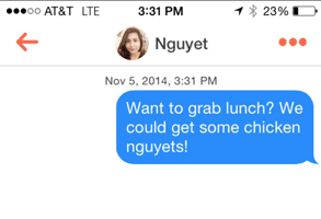 Screenshot of Nguyet's Tinder conversation Screenshot of Nguyet's Tinder conversation
