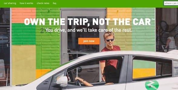 Screenshot of Zipcar's homepage