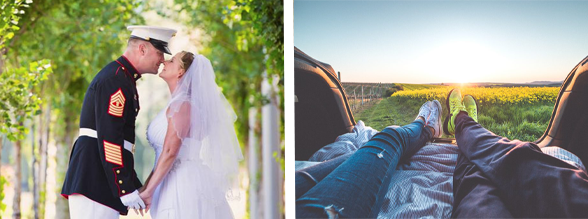 Collage of a couple on their wedding day and a couple relaxing in nature.