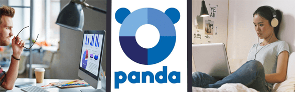 Collage of a man doing busiess on a computer, the Panda Security logo, and a woman using a computer