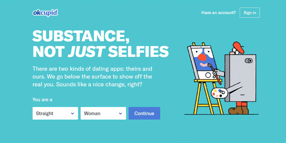 Screenshot of the OkCupid homepage