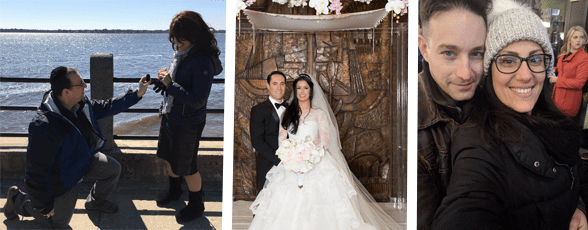 Collage of couples getting engaged, getting married, and taking a photo together
