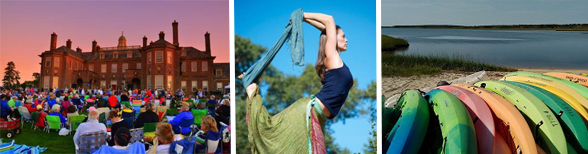 Collage of a picnic concert, yoga, and kayaking events