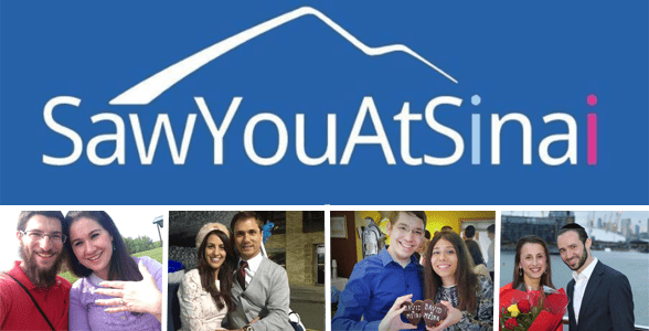 Collage of the SawYouAtSinai logo and couples who've gotten engaged and married through the site