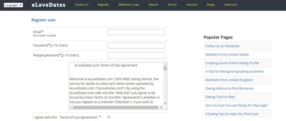 Screenshot of eLoveDates registration