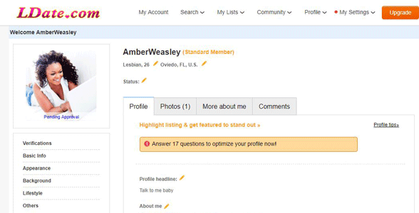 Screenshot of an LDate profile