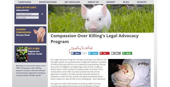 Screenshot of Compassion Over Killng's Legal Advocacy page Screenshot of Compassion Over Killng's Legal Advocacy page