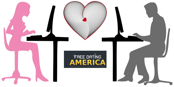 Graphic of a man and woman typing on computers and the Free Dating America logo