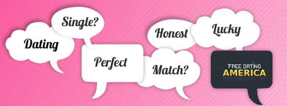 Collage of word bubbles containing dating terms and the Free Dating America logo