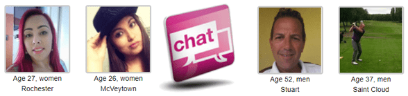 Collage of Free Dating America profiles and the site's chat button