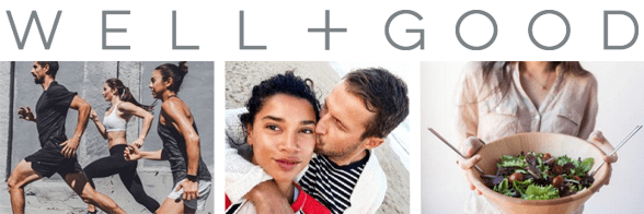 Collage of the Well+Good logo, joggers, a couple, and a woman holding a salad