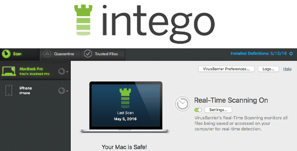 Photo of the Intego logo and screenshot of Intego's real-time security scanning software