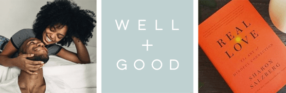 Collage of a couple smiling at each other, the Well+Good logo, and a photo of a book titled Real Love