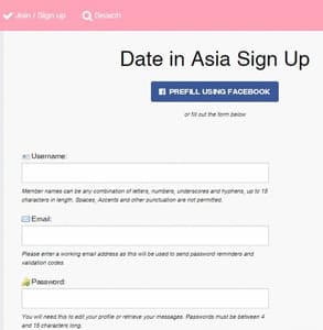 Screenshot of the DateInAsia signup page