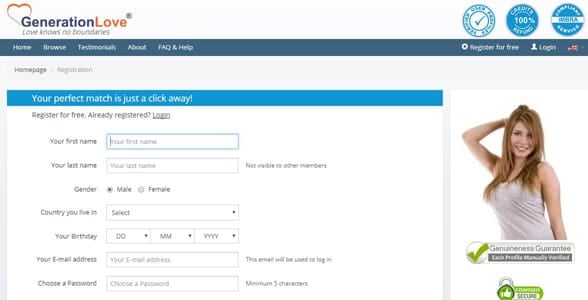 Screenshot of GenerationLove's registration page