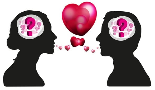 Photo of silhouettes with question marks in their heads and hearts emanating through their mouths