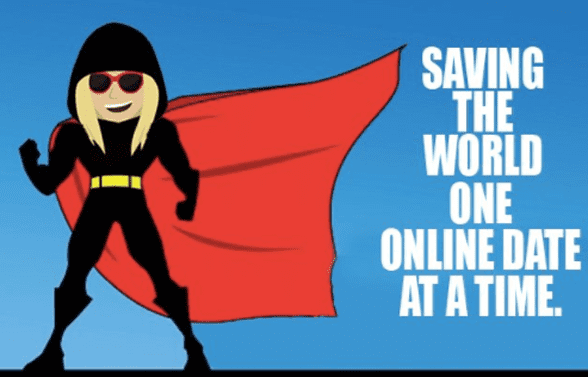 Cartoon of Julie Nashawaty in a superhero costume and text saying Saving the world one online date at a time