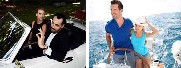 Collage of couples in a luxury car and sailboat