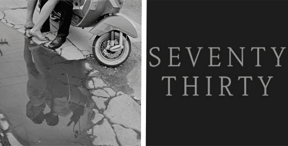 Collage of a couple embracing on a scooter and the Seventy Thirty logo