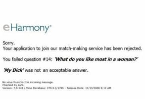 Screenshot of an eHarmony rejected application