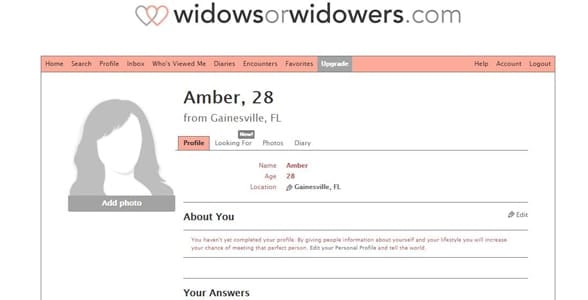 Screenshot of a dating profile on WidowsorWidowers.com