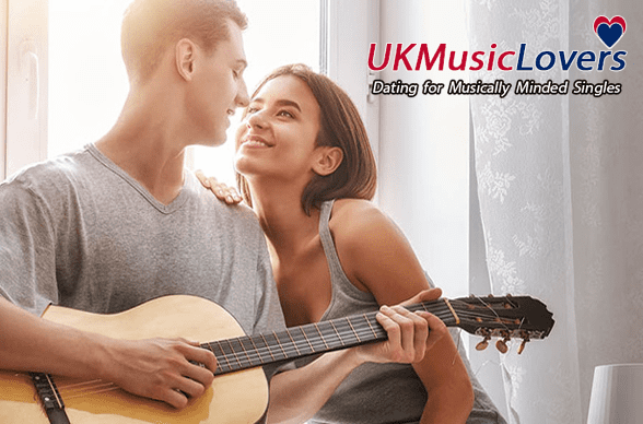 Photo of a man playing guitar staring into the eyes of a woman and the UK Music Lovers logo