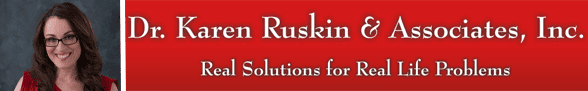 Dr. Karen Ruskin's headshot and her company logo and slogan