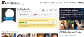 Photo of an AfroRomance user dashboard Photo of an AfroRomance user dashboard